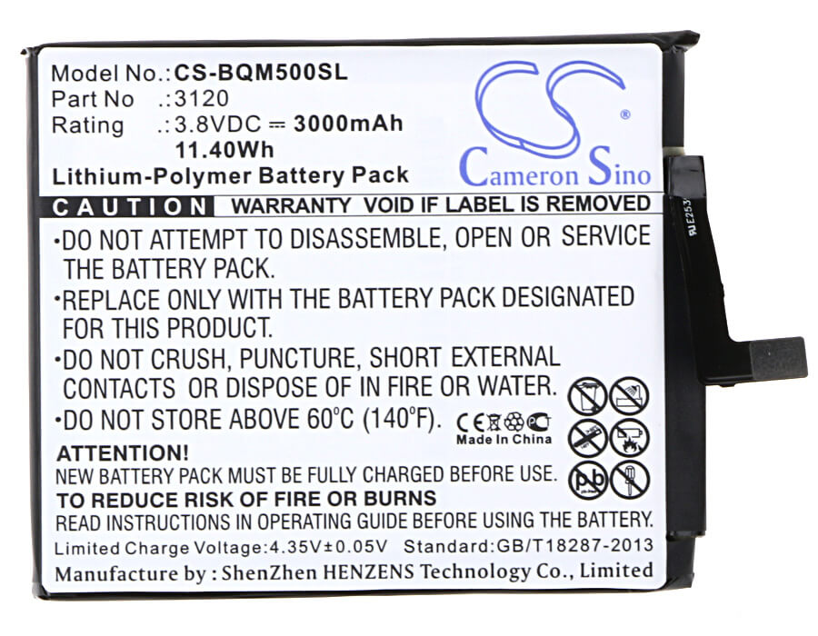 3.8V, 3000mAh, Li-Polymer Battery fits Bq, Aquaris M5, 11.4Wh