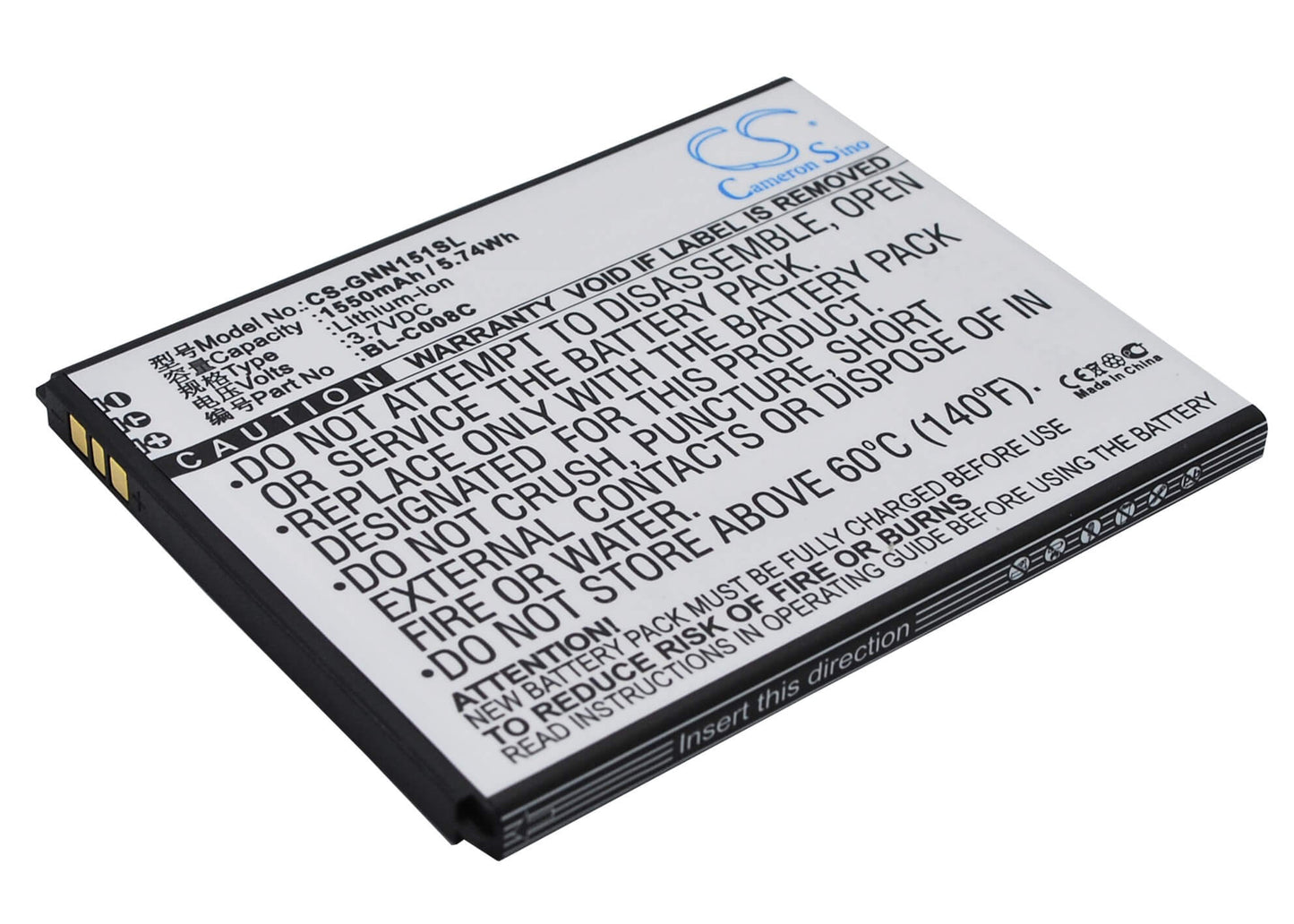 3.7V, 1550mAh, Li-ion Battery fits Gionee, Gn151, 5.735Wh