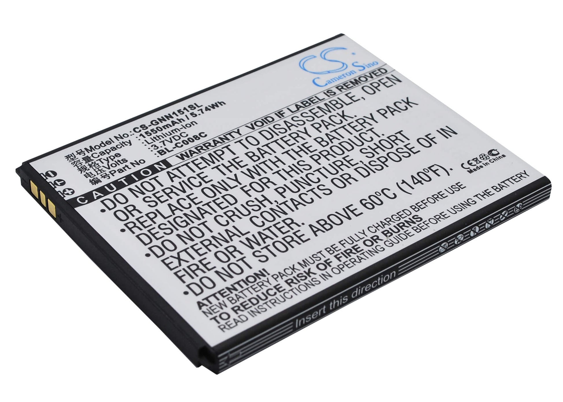 3.7V, 1550mAh, Li-ion Battery fits Gionee, Gn151, 5.735Wh