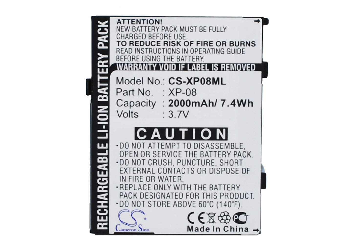 3.7V, 2000mAh, Li-ion Battery fits O2, Xda Flame, 7.4Wh