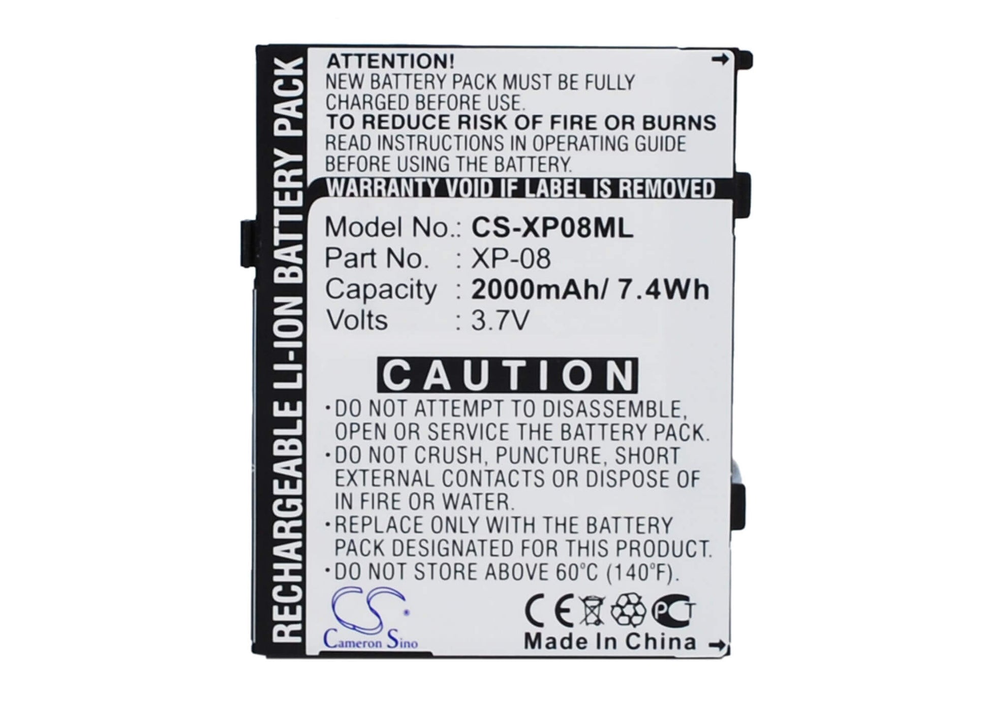 3.7V, 2000mAh, Li-ion Battery fits O2, Xda Flame, 7.4Wh