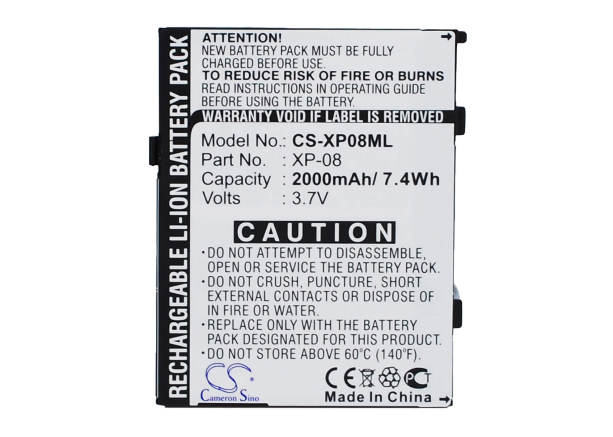 3.7V, 2000mAh, Li-ion Battery fits O2, Xda Flame, 7.4Wh
