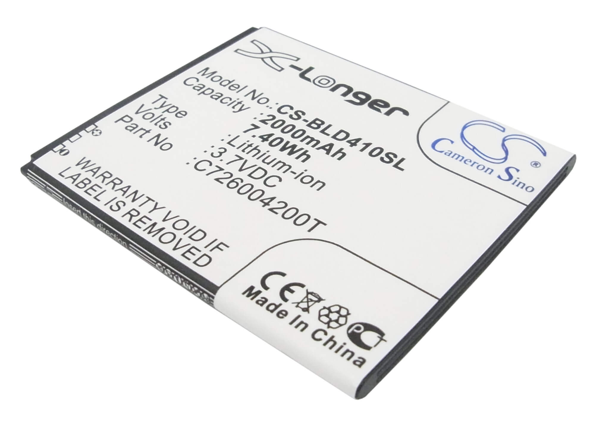 3.7V, 2000mAh, Li-ion Battery fits Blu, D410, D410a, 7.4Wh