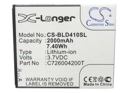 3.7V, 2000mAh, Li-ion Battery fits Blu, D410, D410a, 7.4Wh