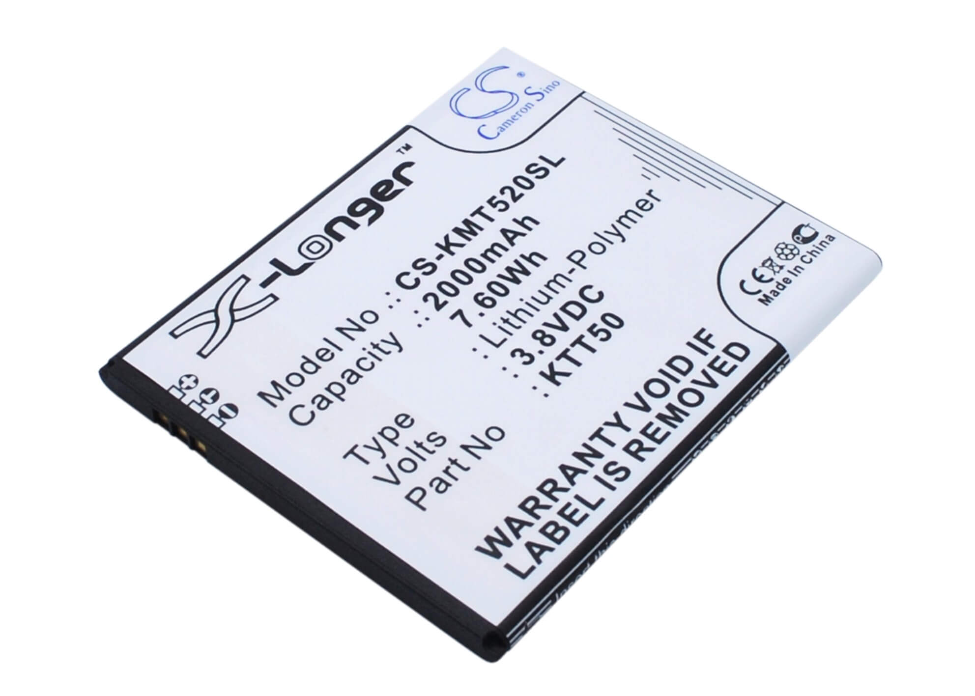 3.8V, 2000mAh, Li-Polymer Battery fits Kazam, Tornado 2, Tornado2 5.0, 7.6Wh