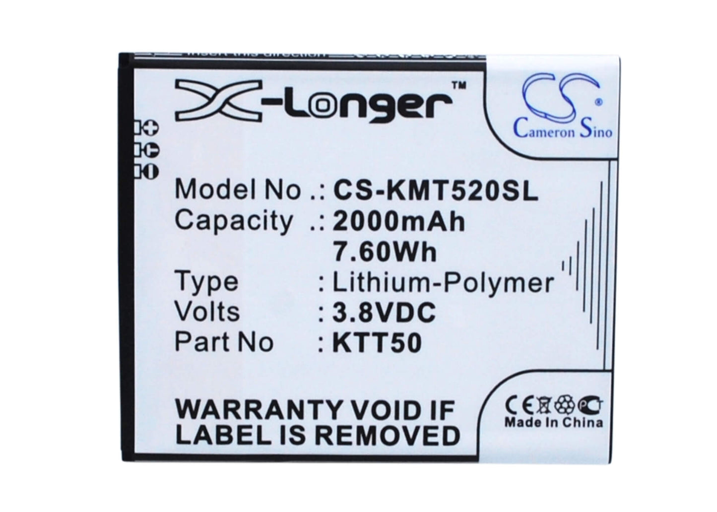 3.8V, 2000mAh, Li-Polymer Battery fits Kazam, Tornado 2, Tornado2 5.0, 7.6Wh