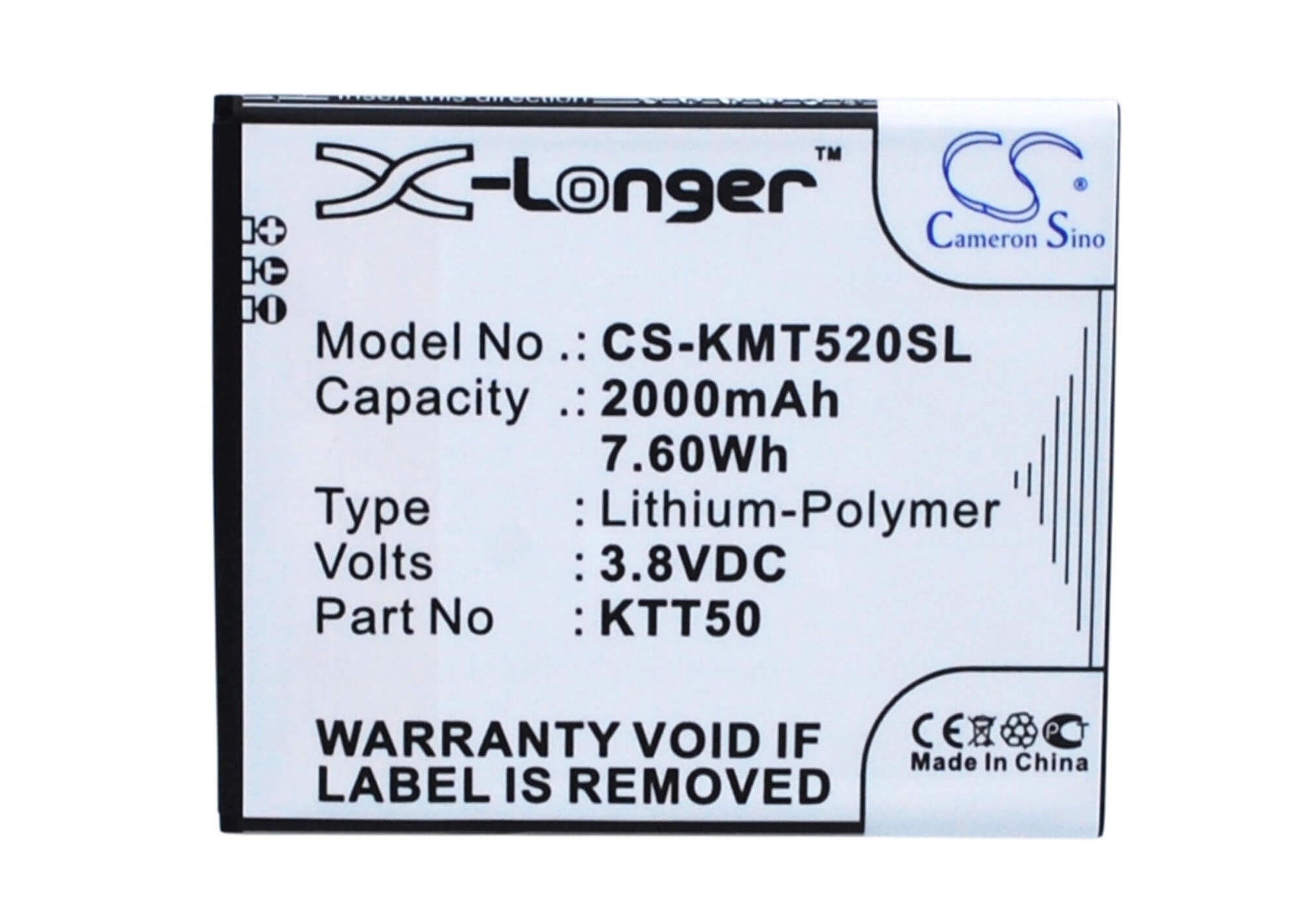 3.8V, 2000mAh, Li-Polymer Battery fits Kazam, Tornado 2, Tornado2 5.0, 7.6Wh