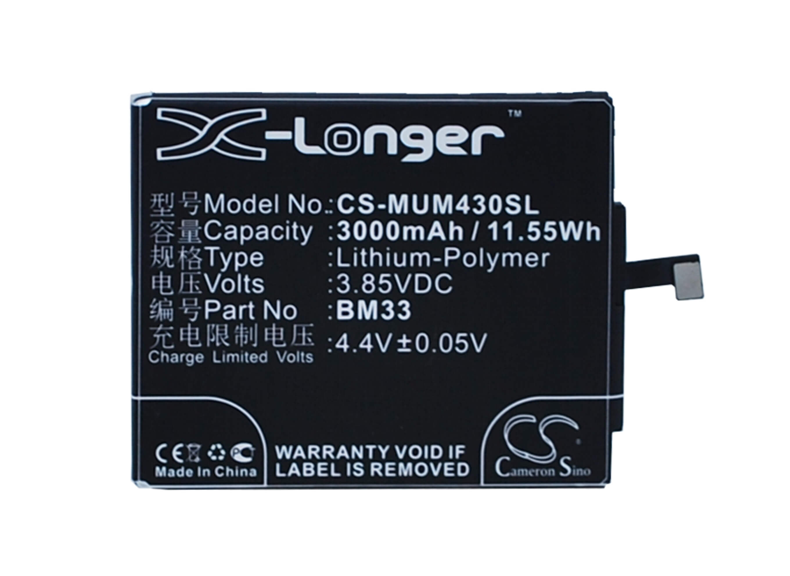 3.85V, 3000mAh, Li-Polymer Battery fits Xiaomi, M4i, X9, 11.55Wh