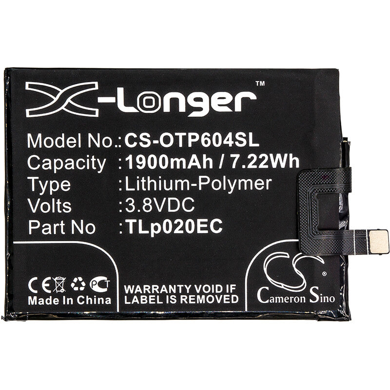 3.8V, 1900mAh, Li-Polymer Battery fits Alcatel, One Touch Pop Up, One Touch Pop Up Lte Dual Sim, 7.22Wh