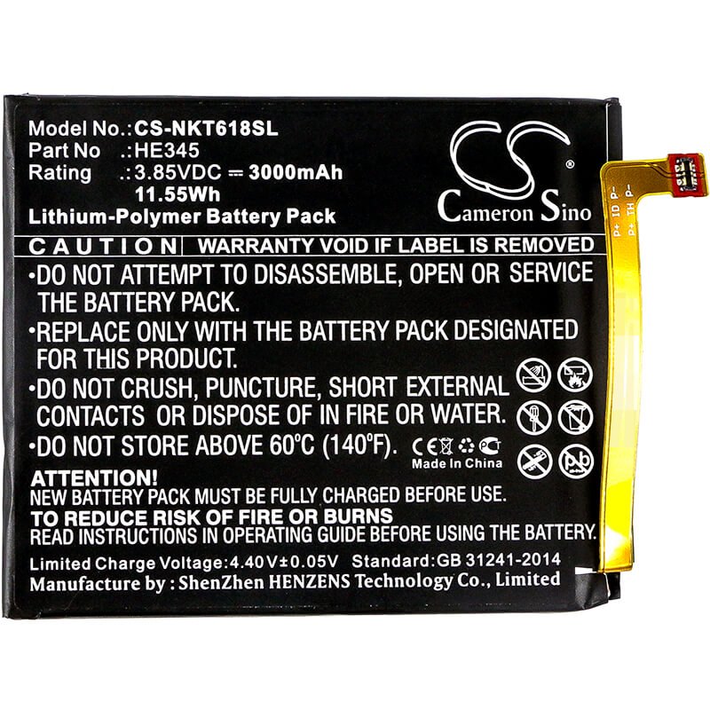 3.85V, 3000mAh, Li-Polymer Battery fits Nokia, 6 2018, 6 2nd, 11.55Wh
