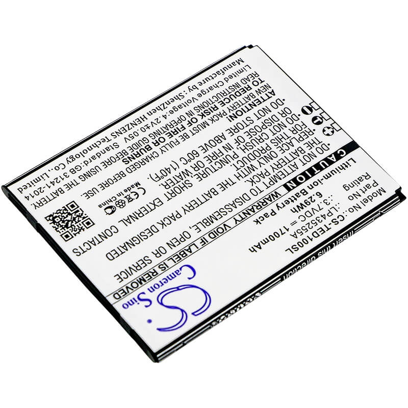 3.7V, 1700mAh, Li-ion Battery fits Telefunken, Selfie Ts1, 6.29Wh
