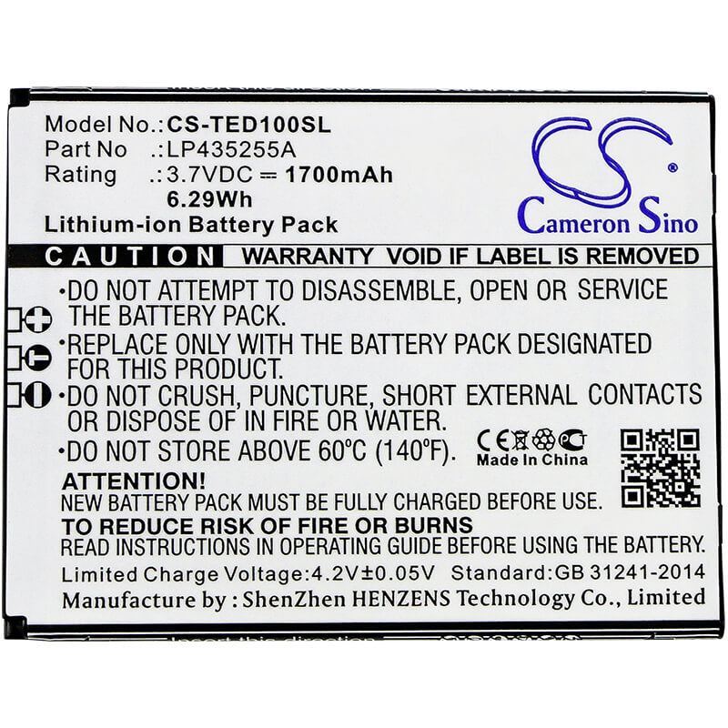 3.7V, 1700mAh, Li-ion Battery fits Telefunken, Selfie Ts1, 6.29Wh