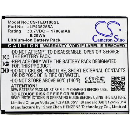 3.7V, 1700mAh, Li-ion Battery fits Telefunken, Selfie Ts1, 6.29Wh