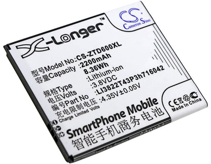 3.8V, 2200mAh, Li-ion Battery fits Zte, Blade D6, Blade D6 Dual Sim, 8.36Wh