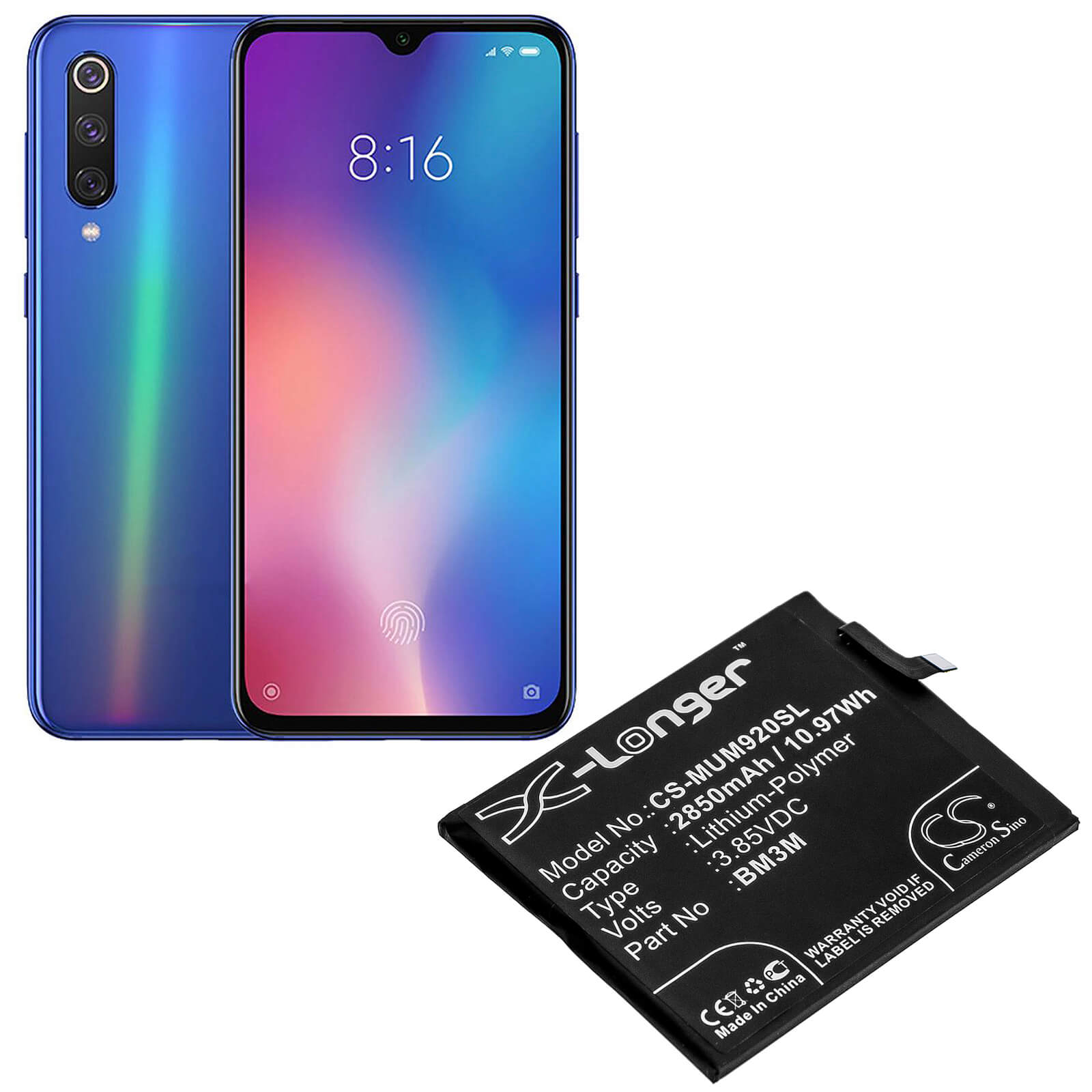 3.85V, 2850mAh, Li-Polymer Battery fits Xiaomi, Mi 9se, 10.9725Wh