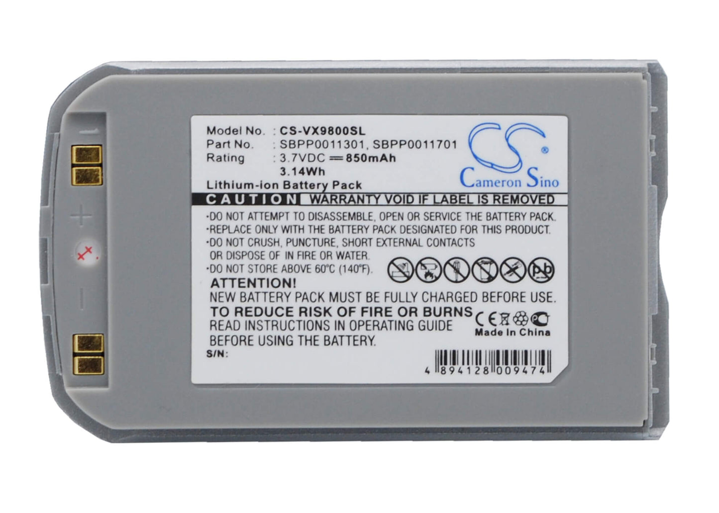 3.7V, 850mAh, Li-ion Battery fits Lg, V, Vx9800, 3.145Wh