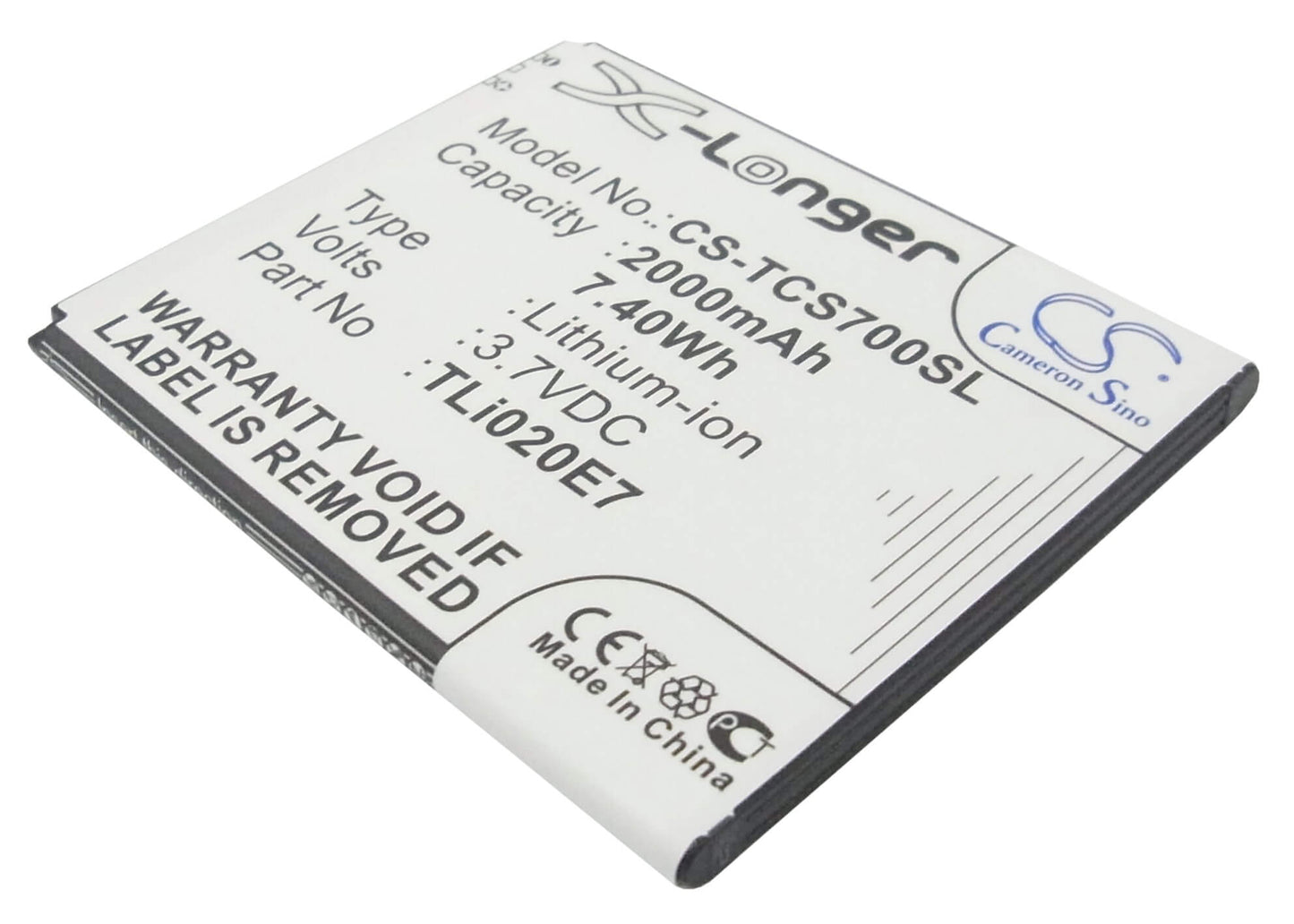 3.7V, 2000mAh, Li-ion Battery fits Tcl, J620, S700t, 7.4Wh