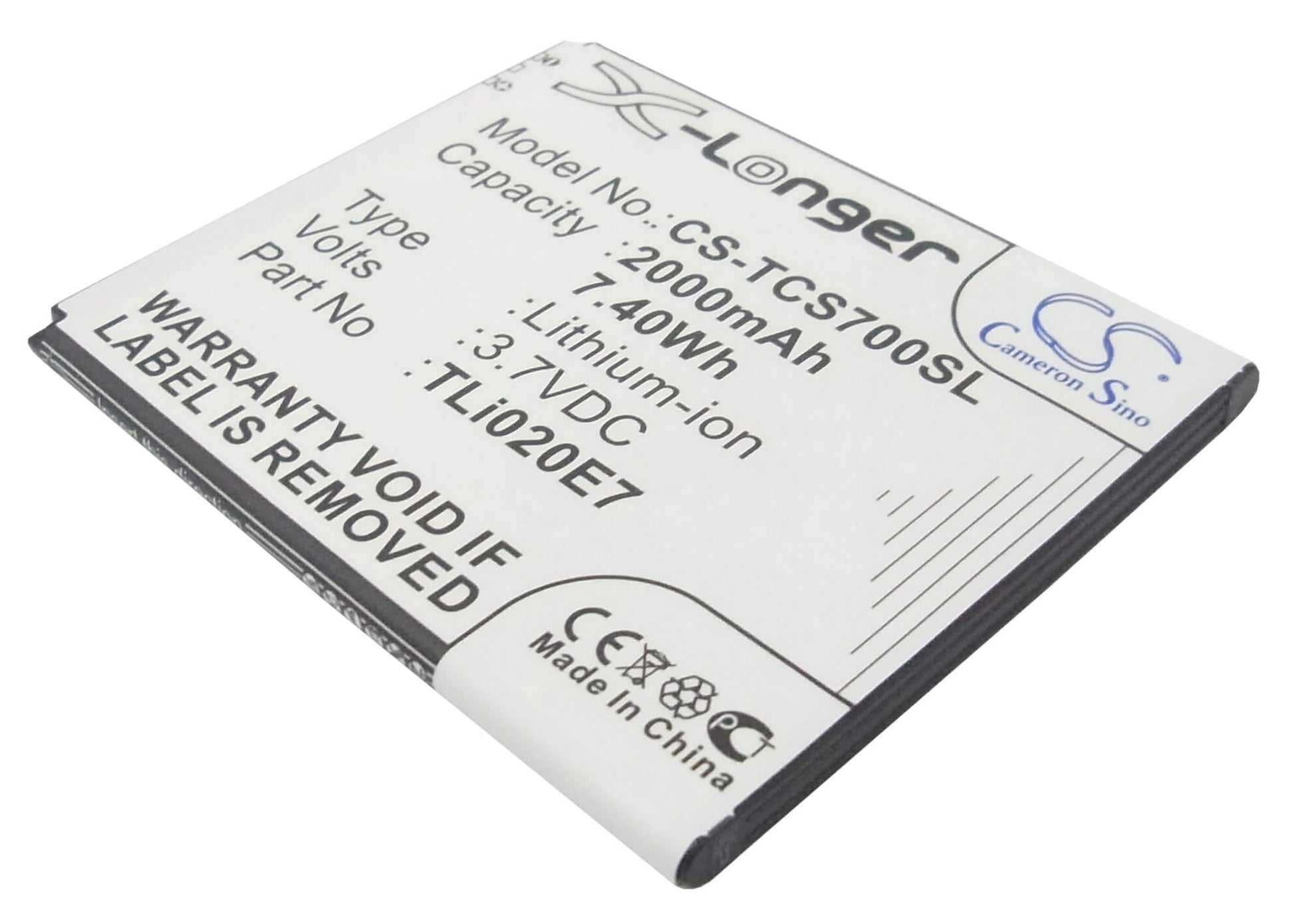 3.7V, 2000mAh, Li-ion Battery fits Tcl, J620, S700t, 7.4Wh