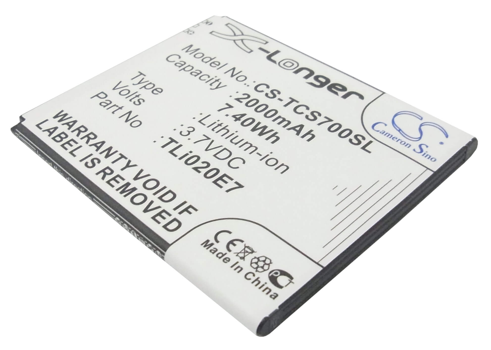 3.7V, 2000mAh, Li-ion Battery fits Tcl, J620, S700t, 7.4Wh