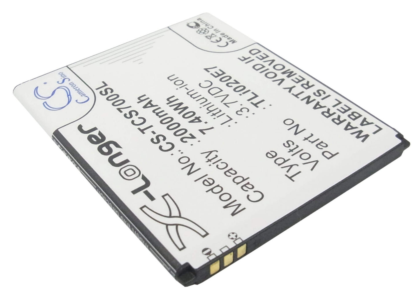 3.7V, 2000mAh, Li-ion Battery fits Tcl, J620, S700t, 7.4Wh