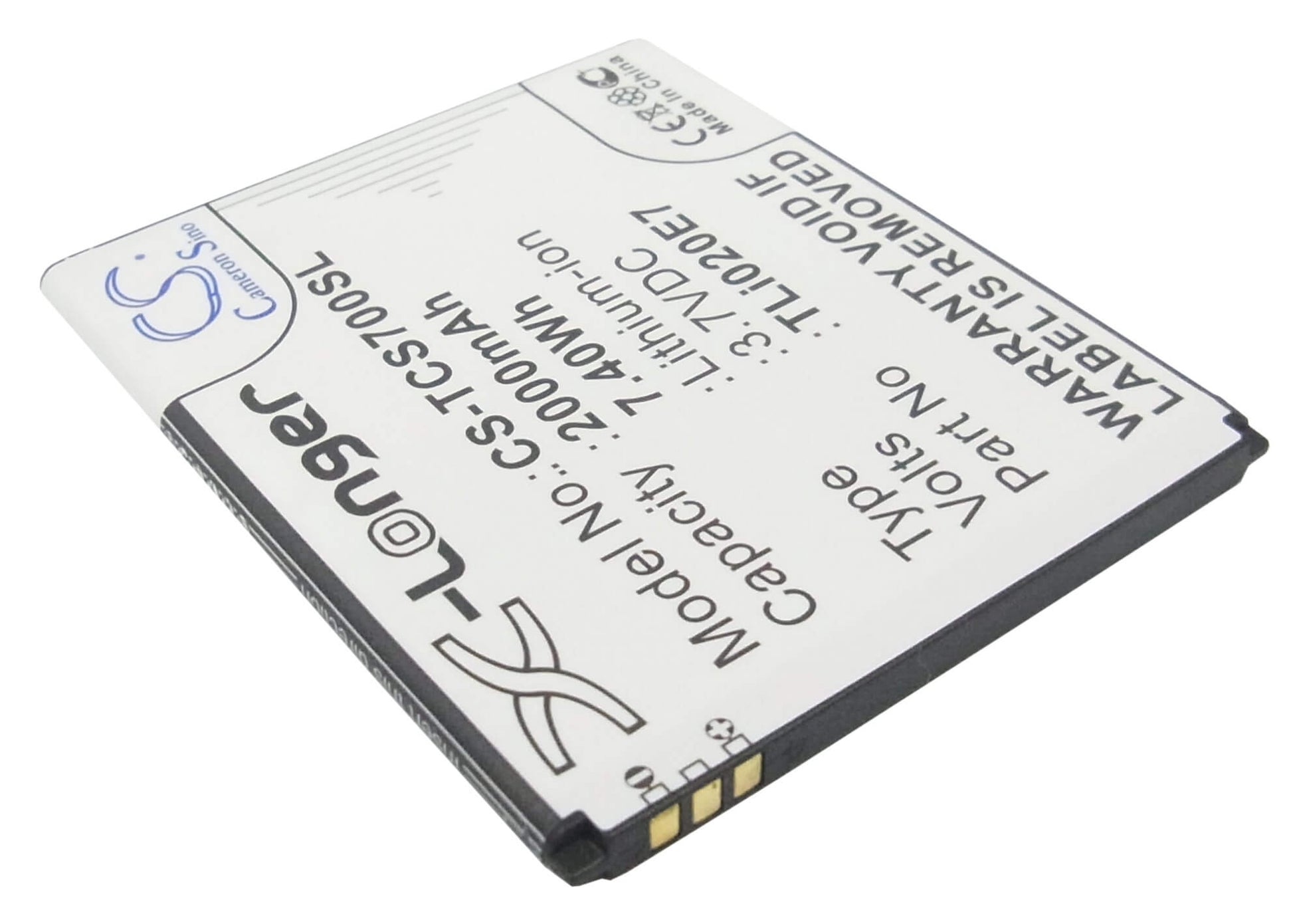 3.7V, 2000mAh, Li-ion Battery fits Tcl, J620, S700t, 7.4Wh