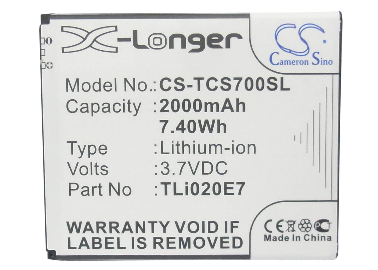 3.7V, 2000mAh, Li-ion Battery fits Tcl, J620, S700t, 7.4Wh