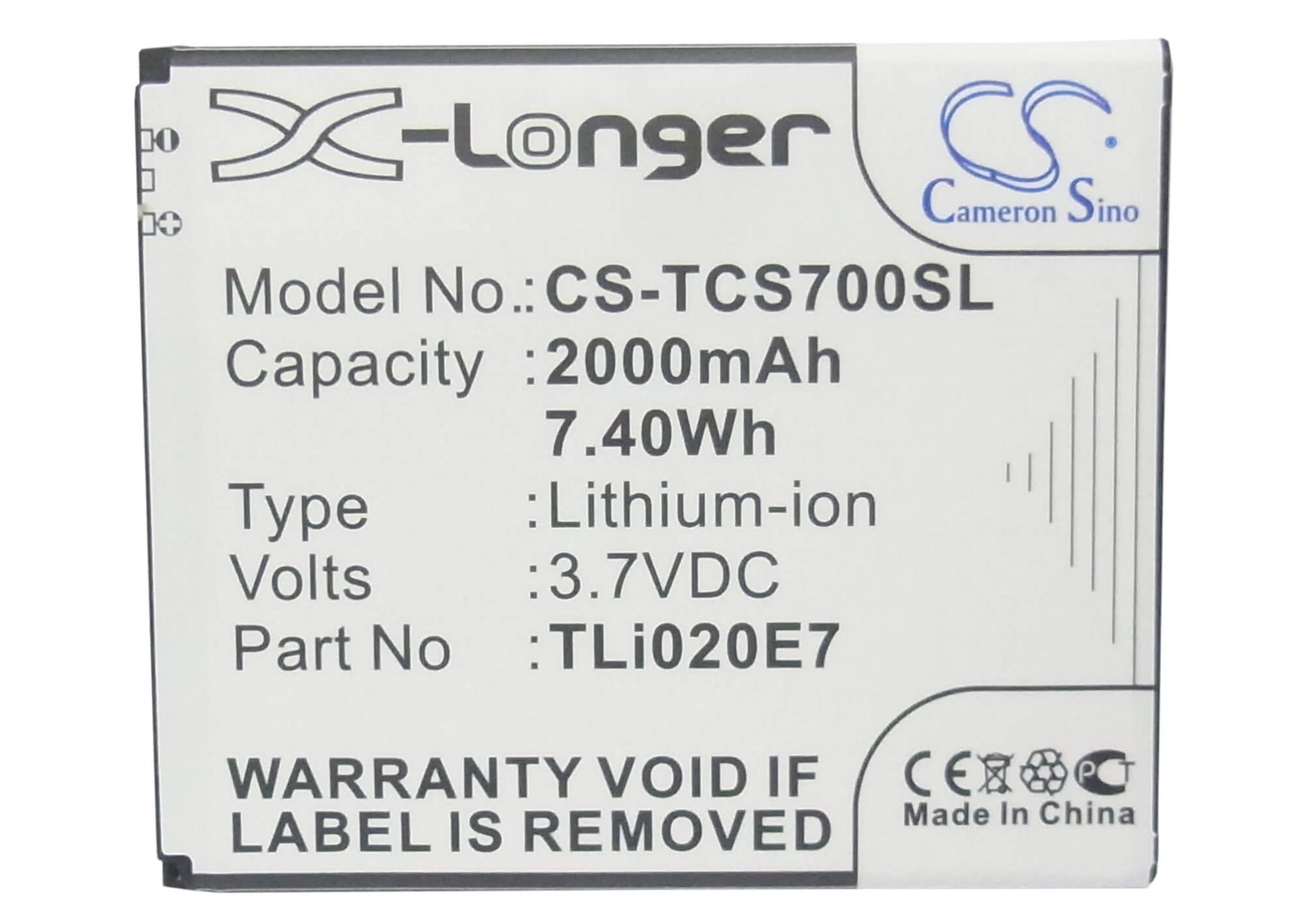 3.7V, 2000mAh, Li-ion Battery fits Tcl, J620, S700t, 7.4Wh