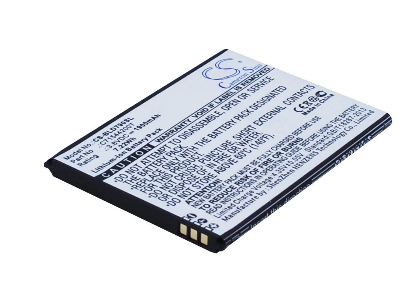 3.8V, 1900mAh, Li-ion Battery fits Blu, D790, D790l, 7.22Wh