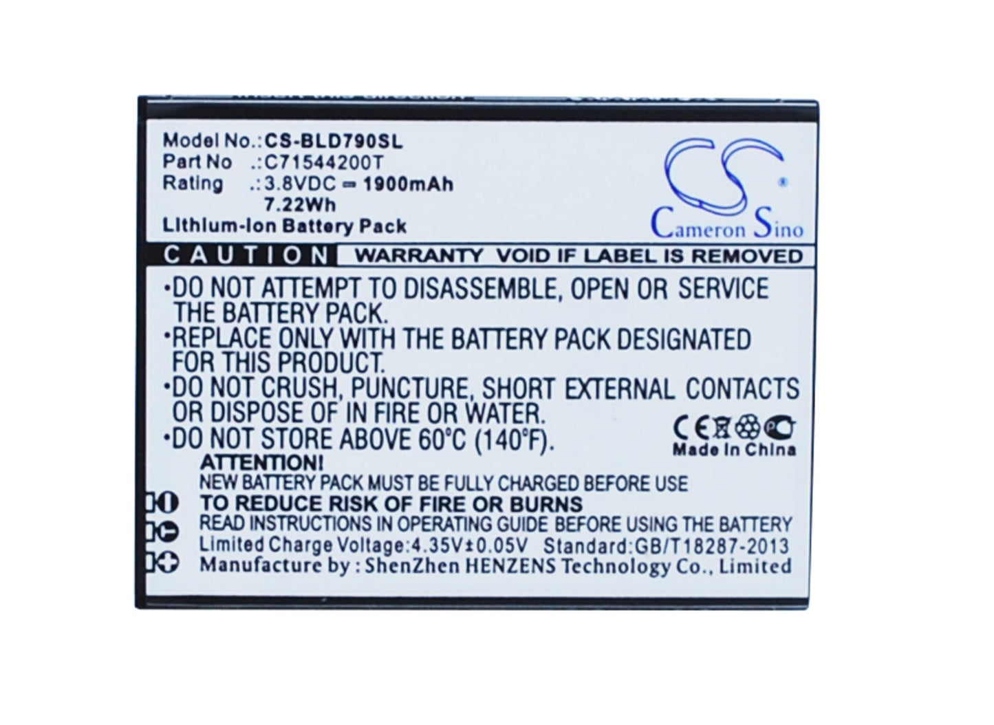 3.8V, 1900mAh, Li-ion Battery fits Blu, D790, D790l, 7.22Wh