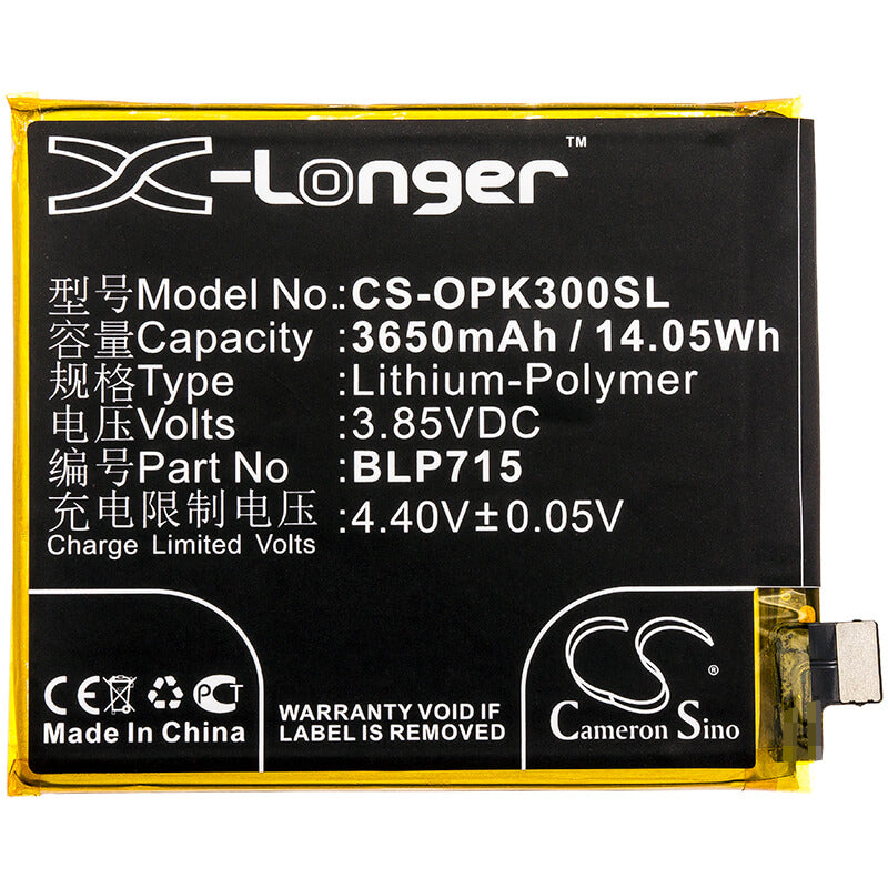 3.85V, 3650mAh, Li-Polymer Battery fits Oppo, K3, K3 Premium Edition, 14.0525Wh