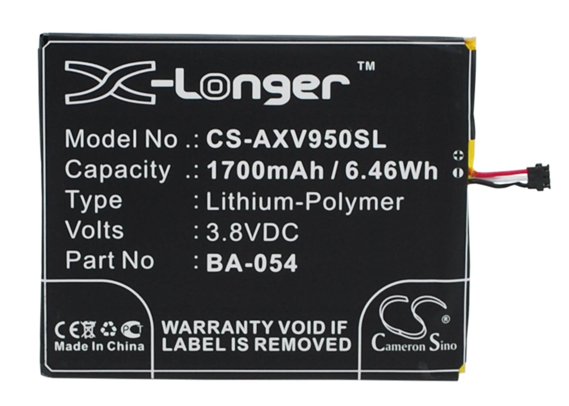 3.8V, 1700mAh, Li-Polymer Battery fits Aux, I7 Air, V950+, 6.46Wh