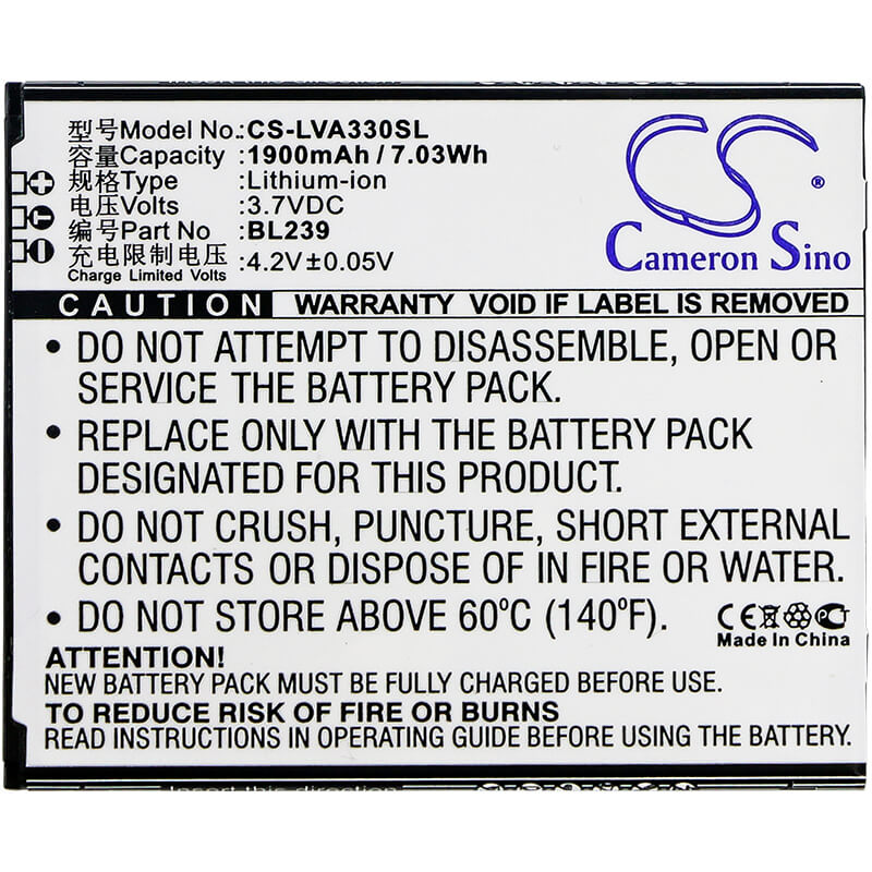 3.7V, 1900mAh, Li-ion Battery fits Lenovo, A330e, A3500, 7.03Wh