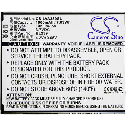 3.7V, 1900mAh, Li-ion Battery fits Lenovo, A330e, A3500, 7.03Wh