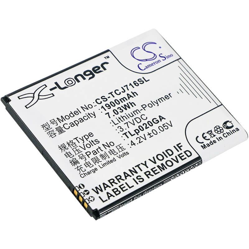3.7V, 1900mAh, Li-Polymer Battery fits Tcl, J716d, 7.03Wh