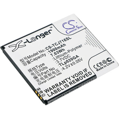 3.7V, 1900mAh, Li-Polymer Battery fits Tcl, J716d, 7.03Wh