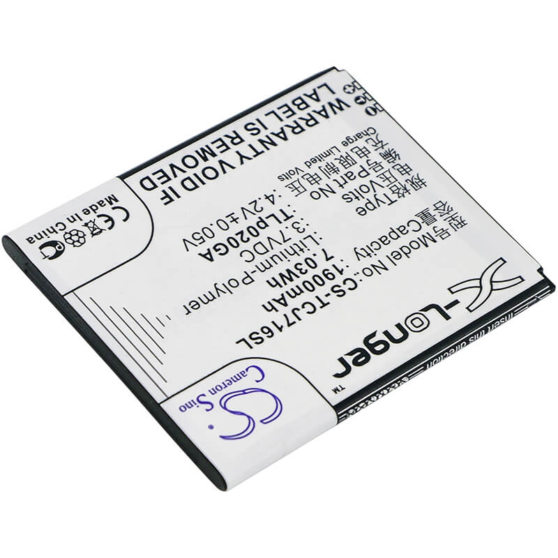 3.7V, 1900mAh, Li-Polymer Battery fits Tcl, J716d, 7.03Wh