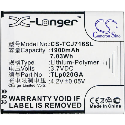 3.7V, 1900mAh, Li-Polymer Battery fits Tcl, J716d, 7.03Wh