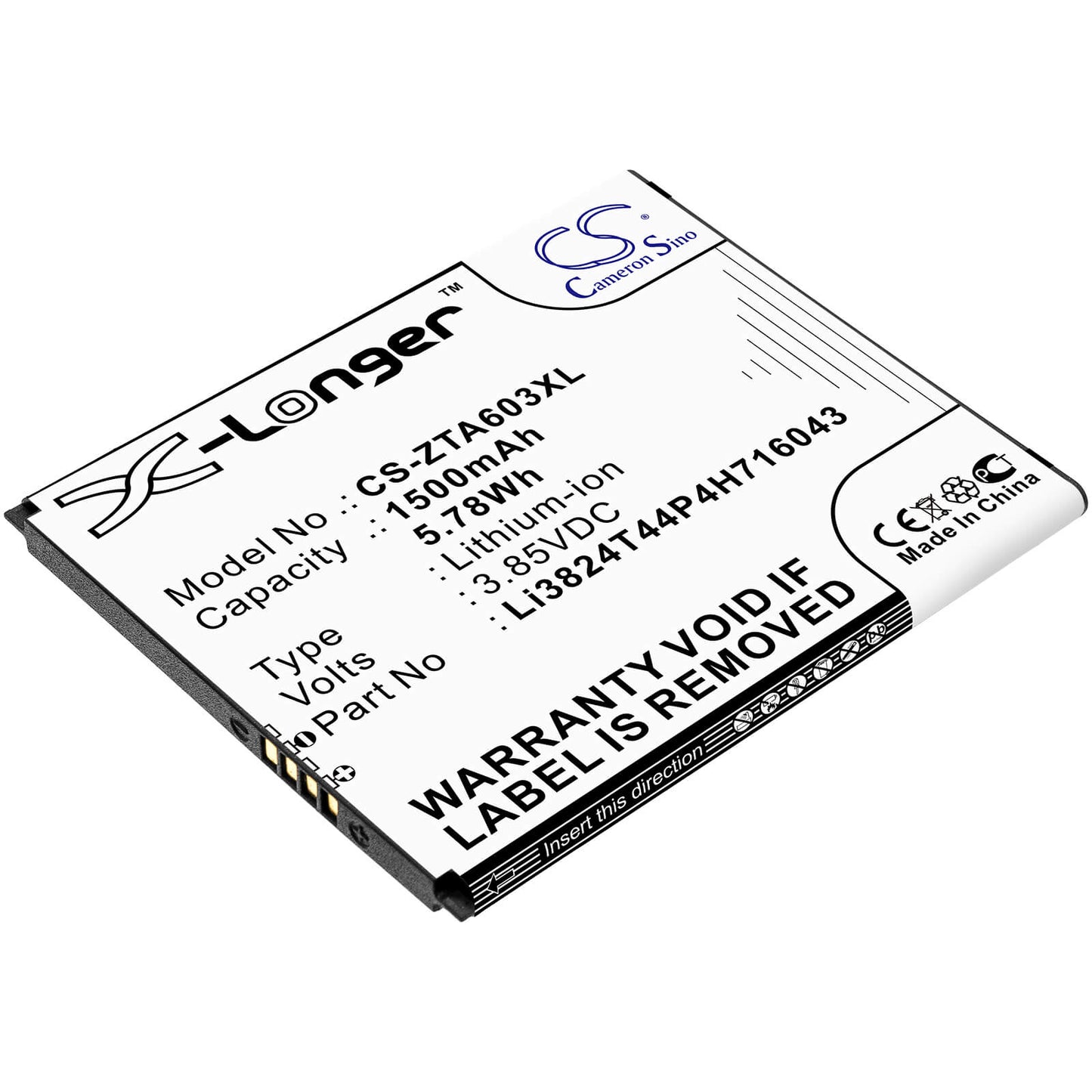 3.85V, 1500mAh, Li-ion Battery fits Zte, 602zt, A521, 5.775Wh