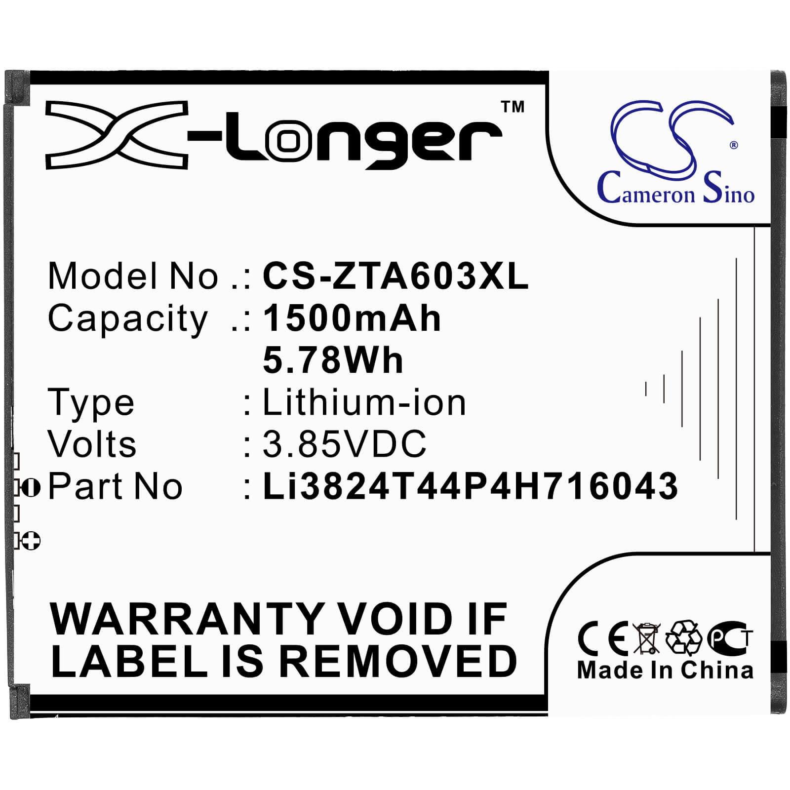 3.85V, 1500mAh, Li-ion Battery fits Zte, 602zt, A521, 5.775Wh