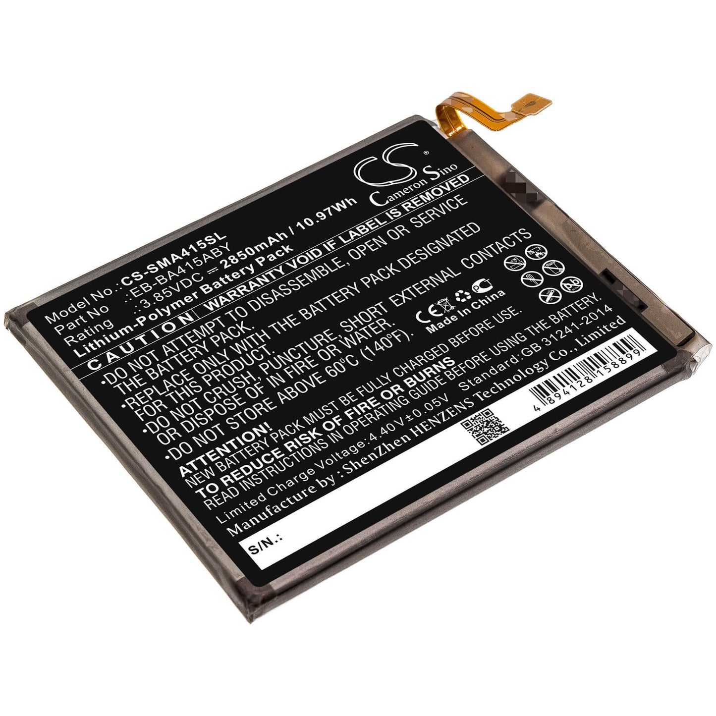 3.85V, 2850mAh, Li-Polymer Battery fits Samsung, Galaxy A41 2020, Sc-41a, 10.9725Wh