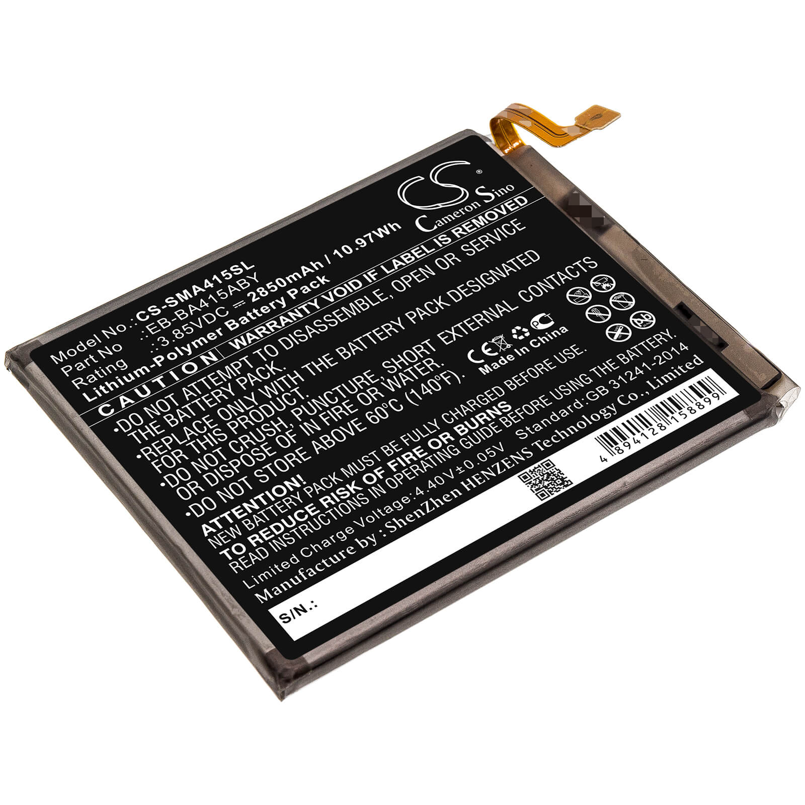 3.85V, 2850mAh, Li-Polymer Battery fits Samsung, Galaxy A41 2020, Sc-41a, 10.9725Wh