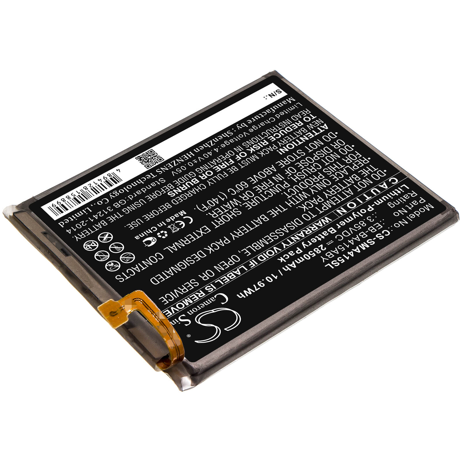 3.85V, 2850mAh, Li-Polymer Battery fits Samsung, Galaxy A41 2020, Sc-41a, 10.9725Wh