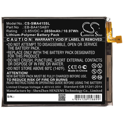 3.85V, 2850mAh, Li-Polymer Battery fits Samsung, Galaxy A41 2020, Sc-41a, 10.9725Wh