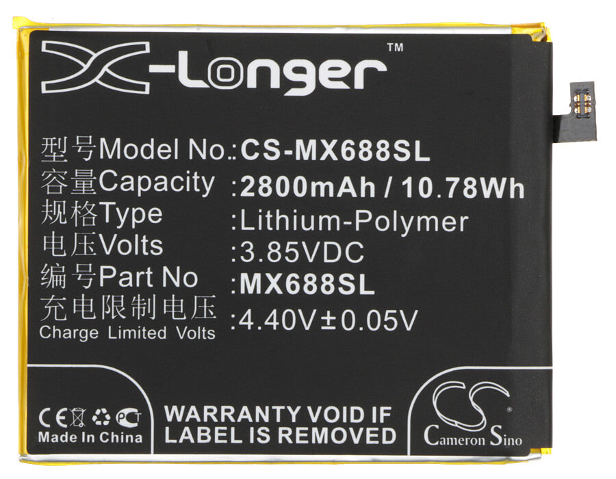 3.85V, 2800mAh, Li-Polymer Battery fits Meizu, M3, M3 Mini, 10.78Wh