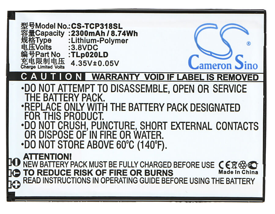3.8V, 2300mAh, Li-Polymer Battery fits Tcl, P307l, P308l, 8.74Wh
