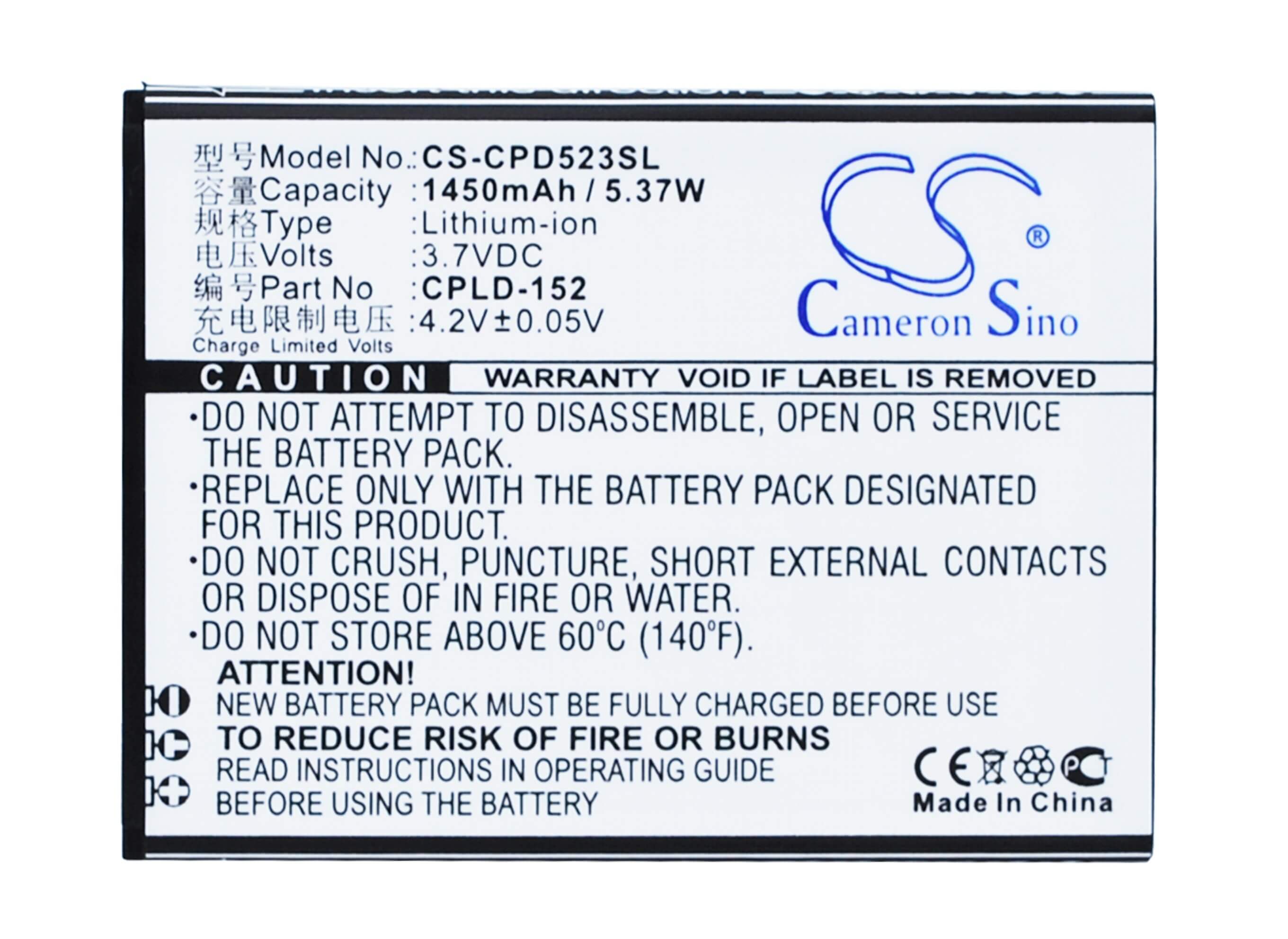 3.7V, 1450mAh, Li-ion Battery fits Coolpad, 5263, 5360, 5.365Wh
