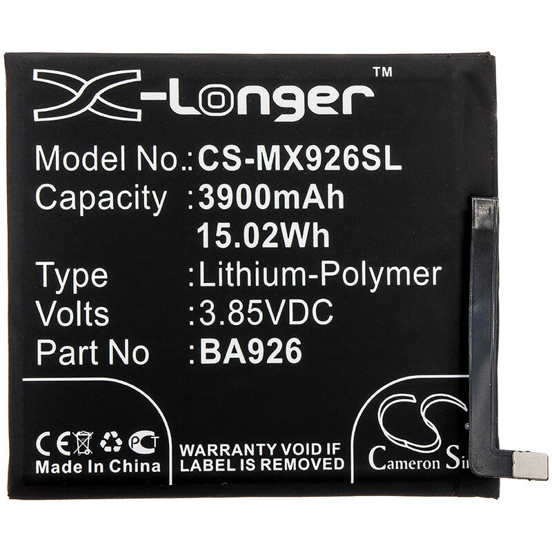3.85V, 3900mAh, Li-Polymer Battery fits Meizu, 16xs, M1926, 15.015Wh