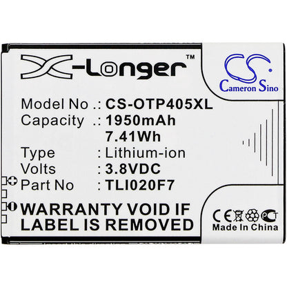 3.8V, 1950mAh, Li-ion Battery fits Alcatel, One Touch 4 5.0, One Touch Pixi 4 (5), 7.41Wh
