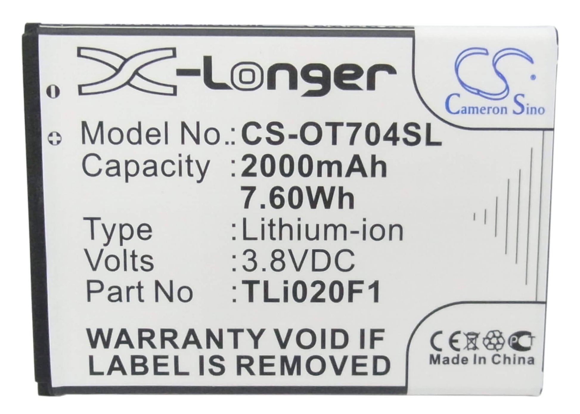 3.8V, 2000mAh, Li-ion Battery fits Vodafone, Smart Turbo 7, V500, 7.6Wh