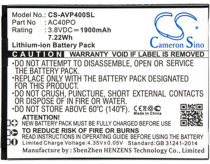 3.8V, 1900mAh, Li-ion Battery fits Archos, 40 Power, 7.22Wh